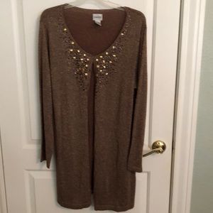 Chico’s lightweight glittery bronze cardigan. Small pull in back.